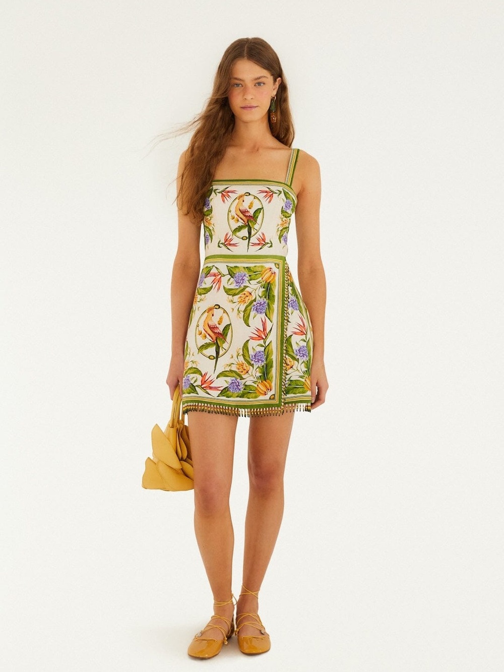 FARM Rio Cream Mini Dress with Green Trim and Multicolor Scarf Print